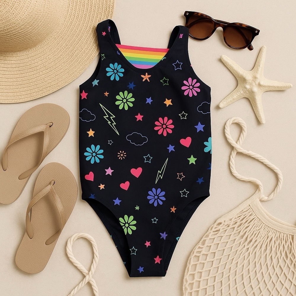 The Children's Place Girls' Swimsuit M 7/8 Black Multicolor